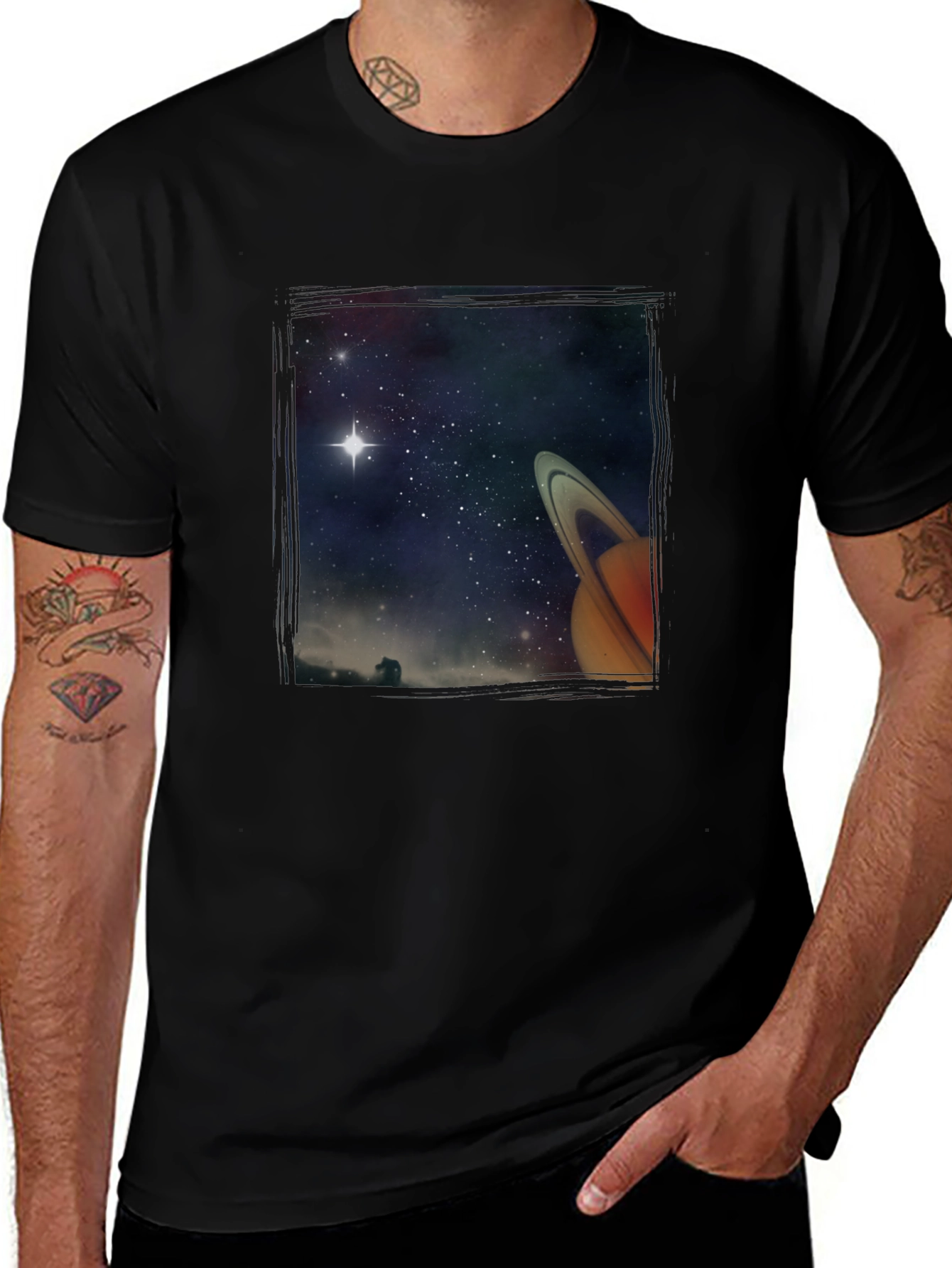 Space Saturn Graphic Print Black T-Shirt