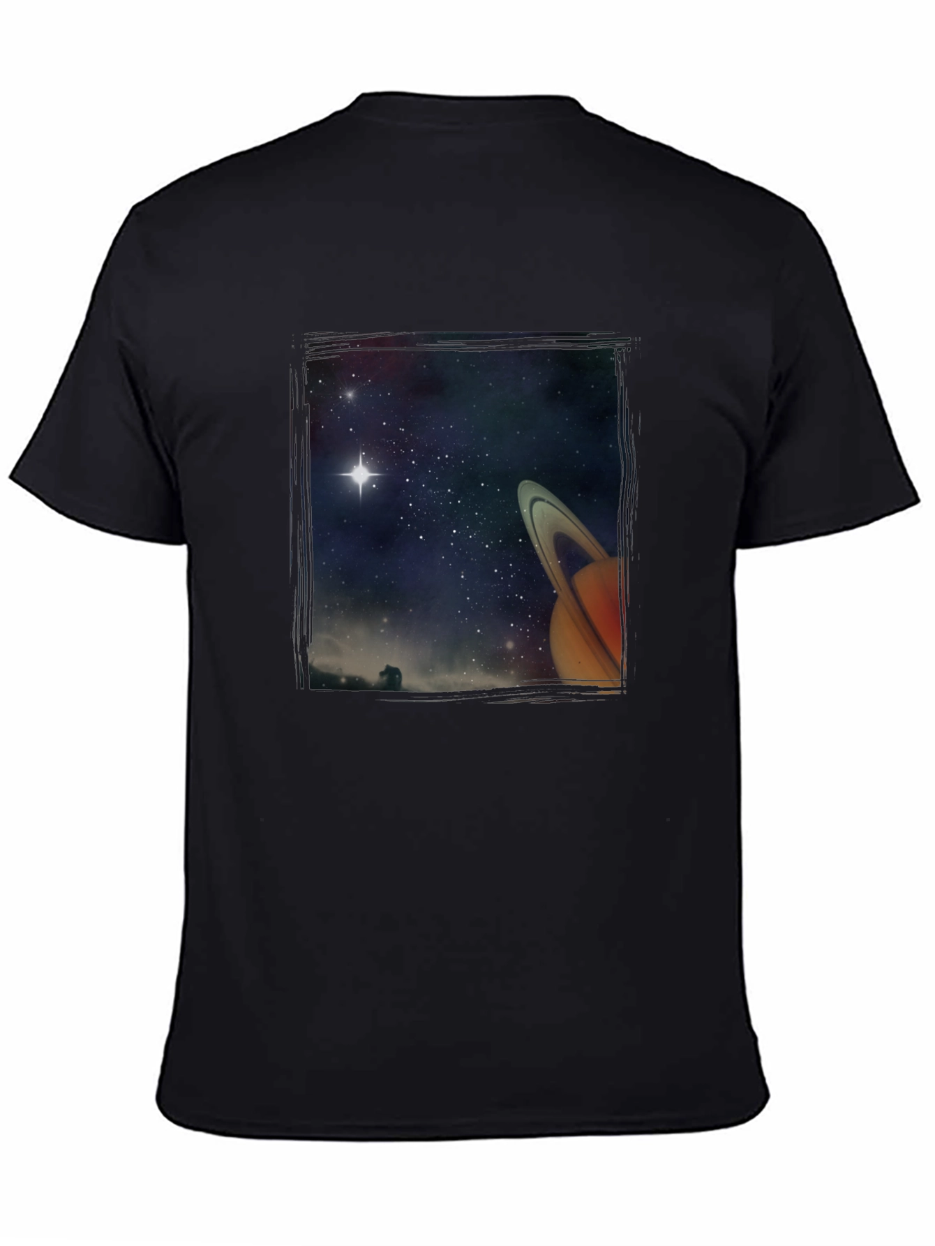 Space Saturn Graphic Print Black T-Shirt