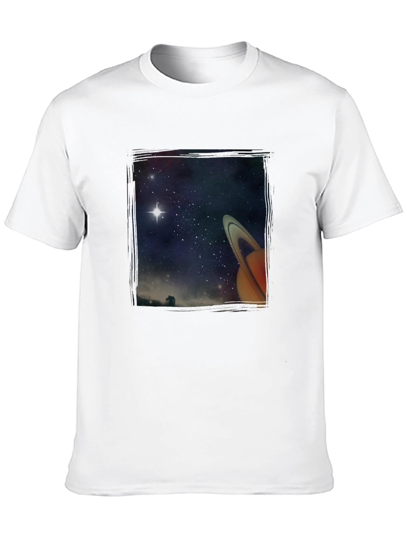 Space Saturn Graphic Print Black T-Shirt