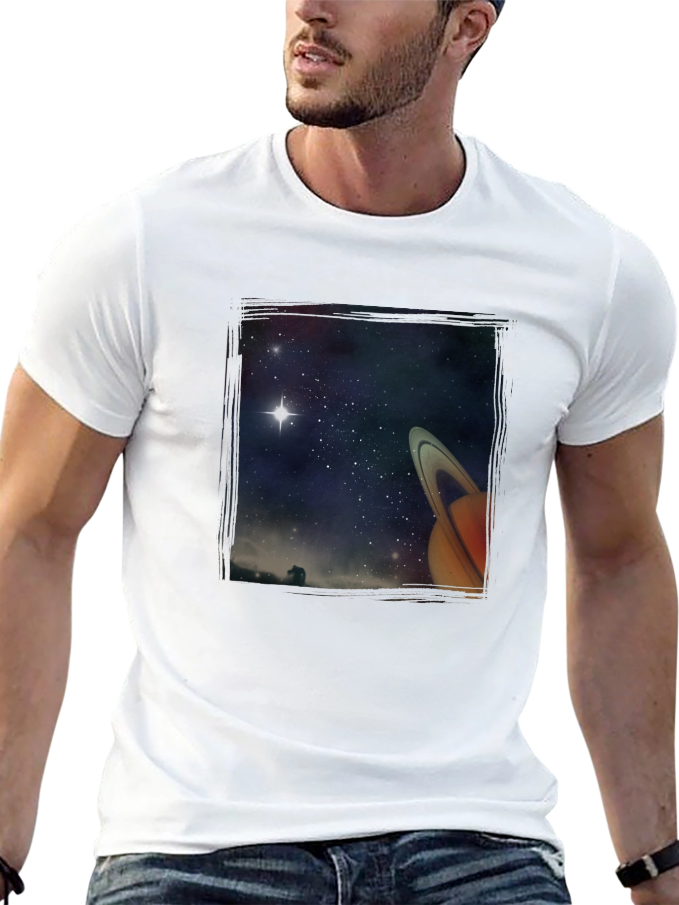 Space Saturn Graphic Print Black T-Shirt