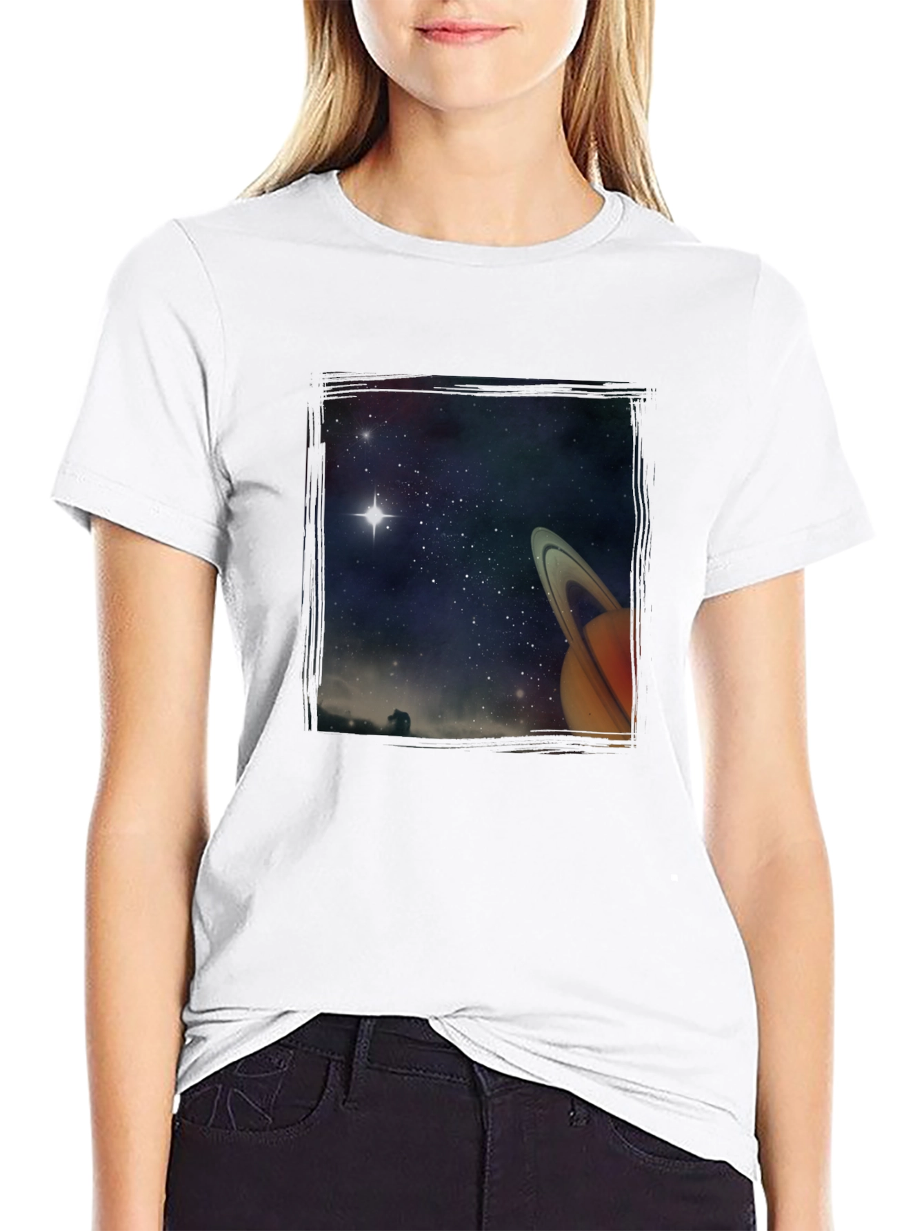 Space Saturn Graphic Print Black T-Shirt