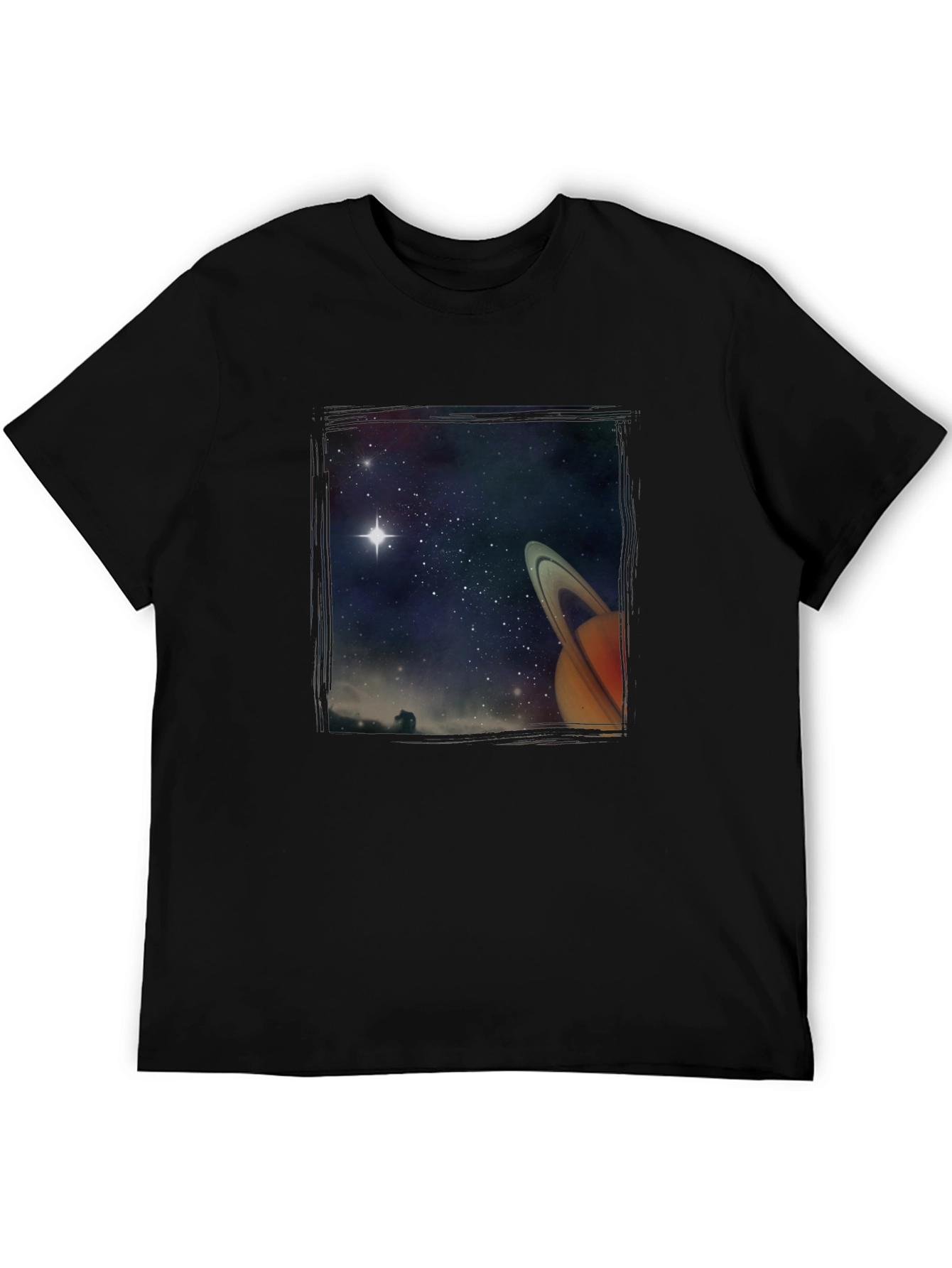 Space Saturn Graphic Print Black T-Shirt