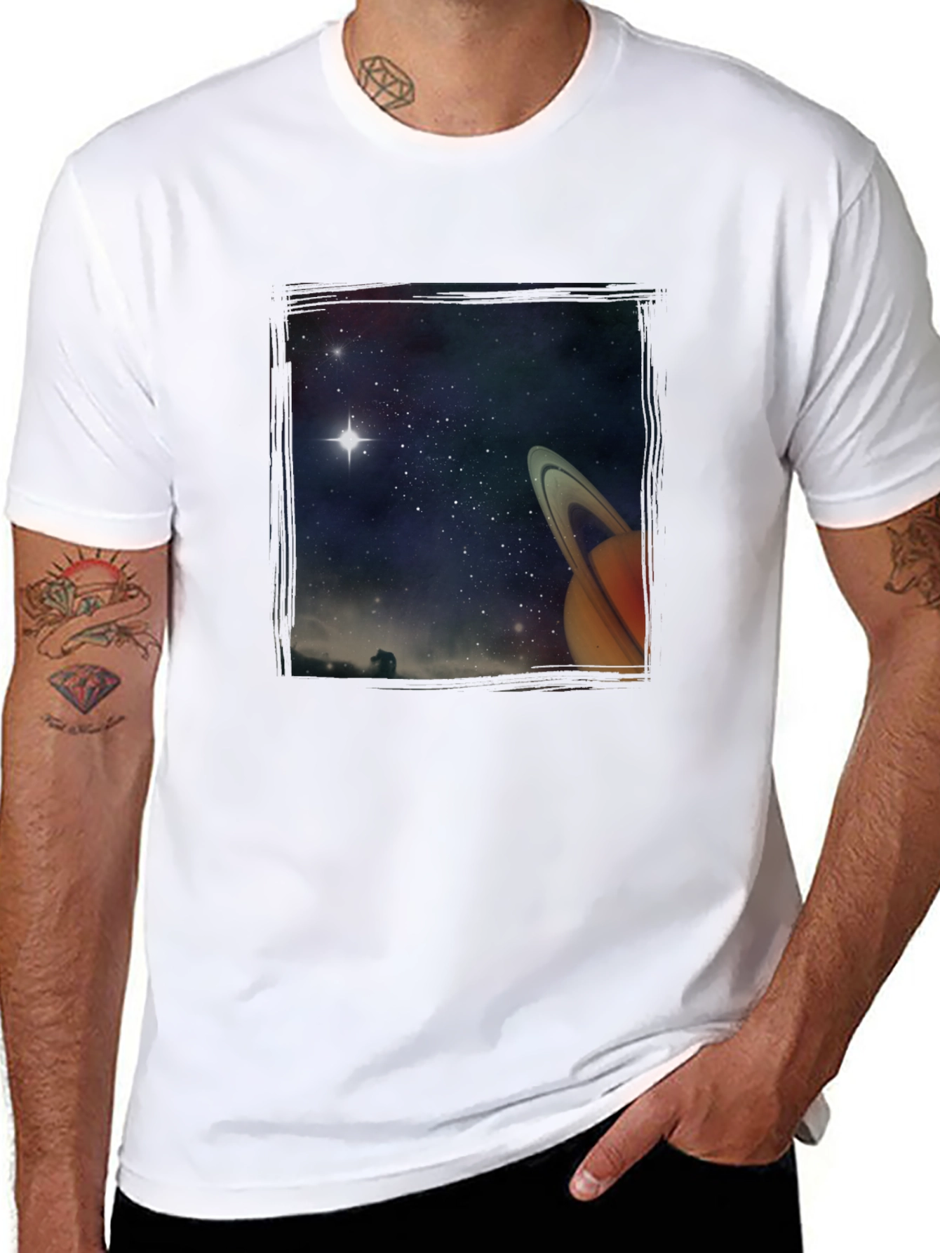 Space Saturn Graphic Print Black T-Shirt
