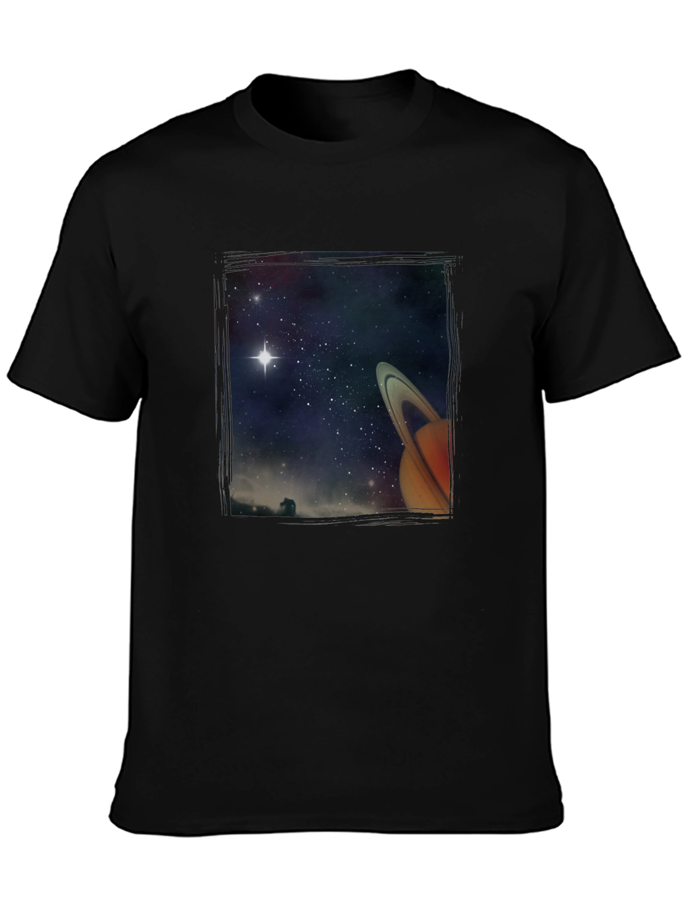 Space Saturn Graphic Print Black T-Shirt