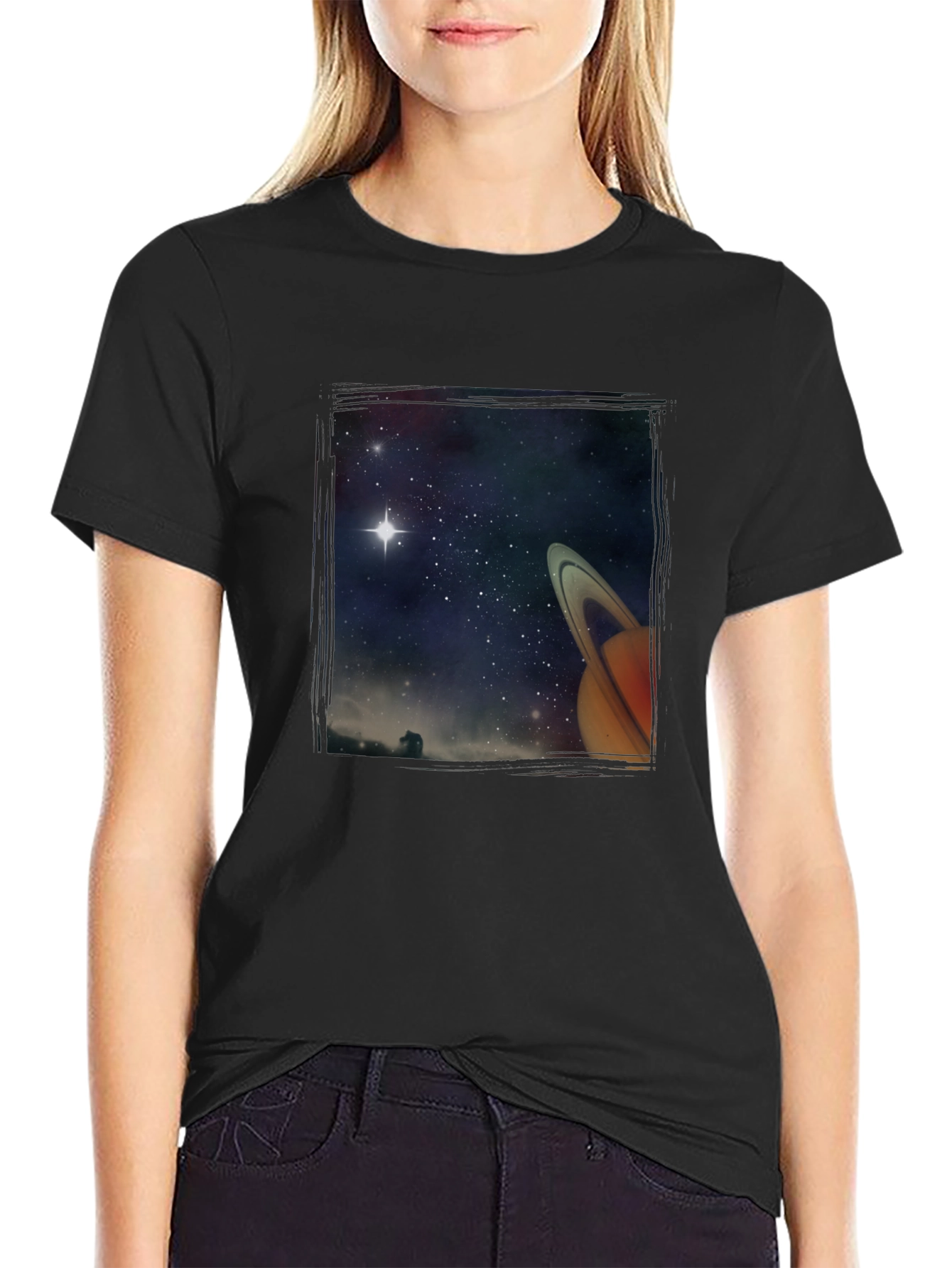 Space Saturn Graphic Print Black T-Shirt
