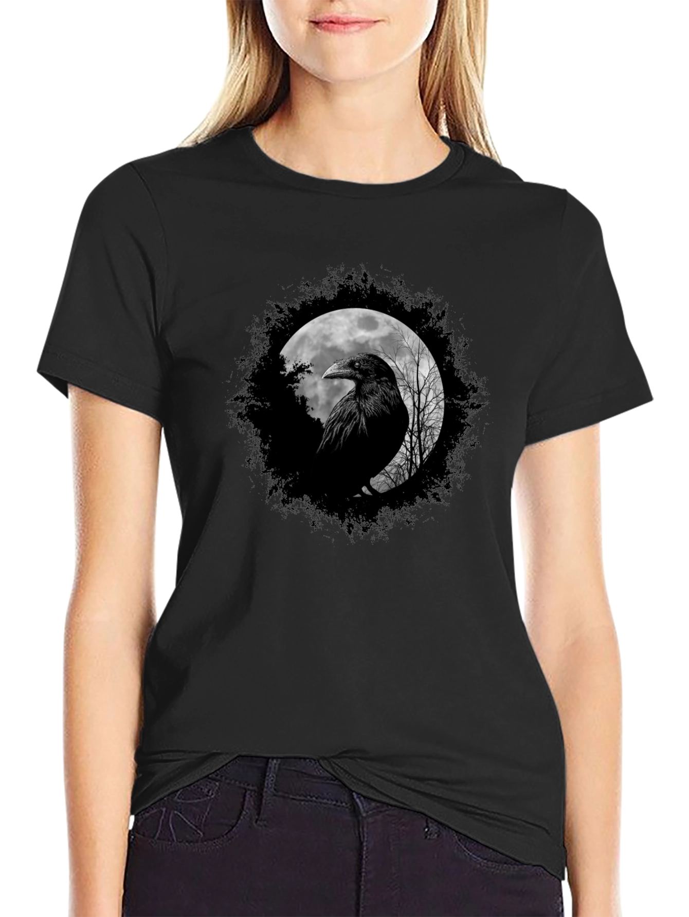 Raven Moon Graphic Tee - Black Cotton Comfort