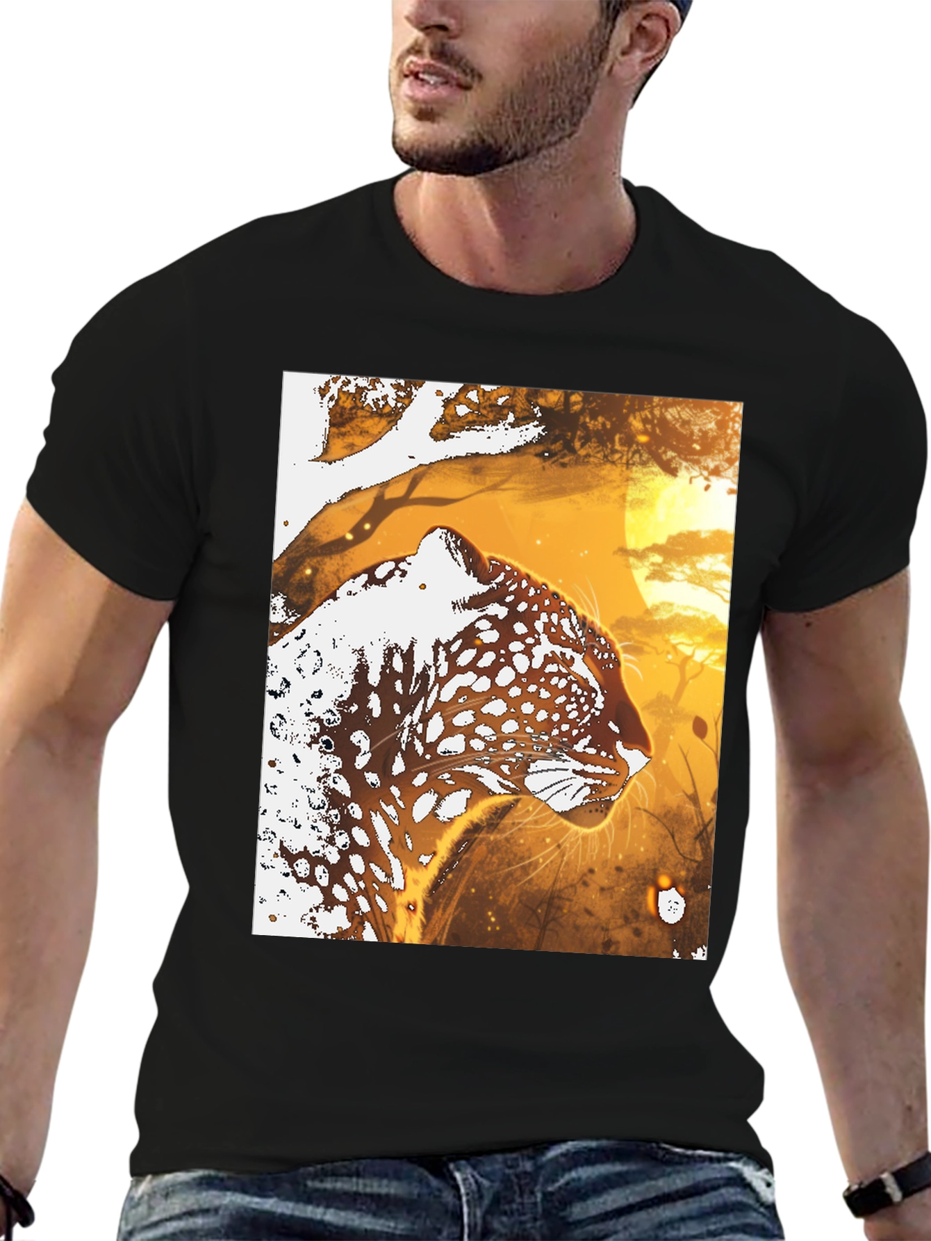 Leopard Graphic Black T-Shirt - Wildlife Art