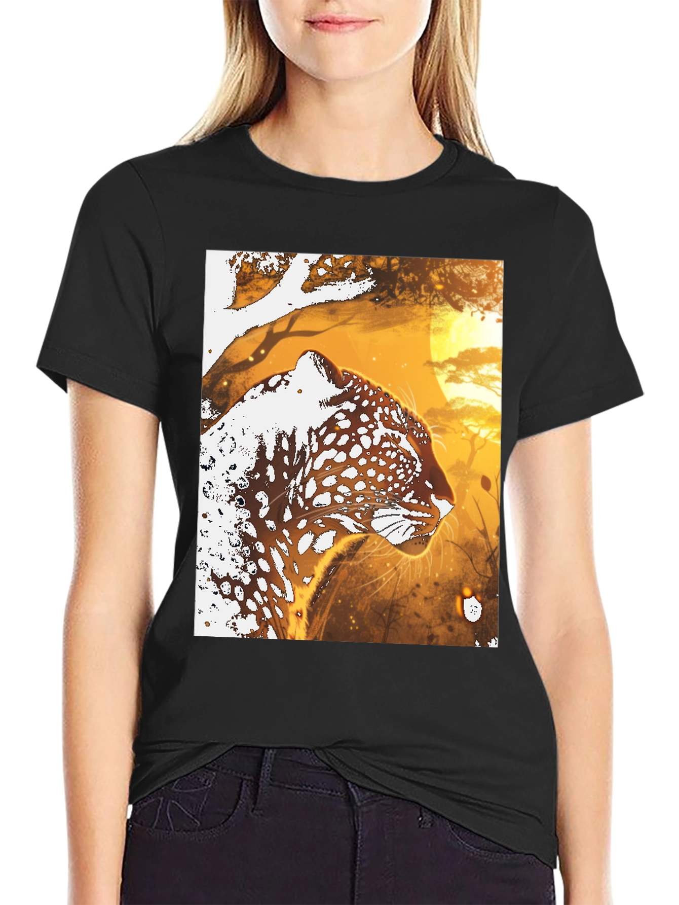 Leopard Graphic Black T-Shirt - Wildlife Art