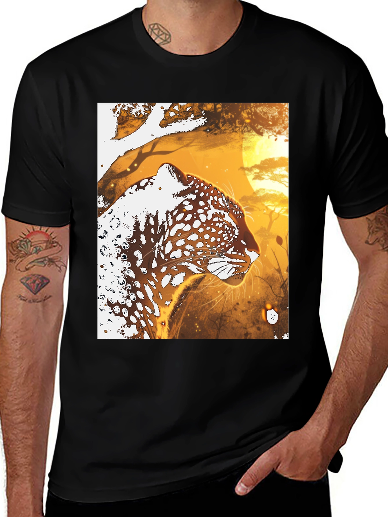 Leopard Graphic Black T-Shirt - Wildlife Art