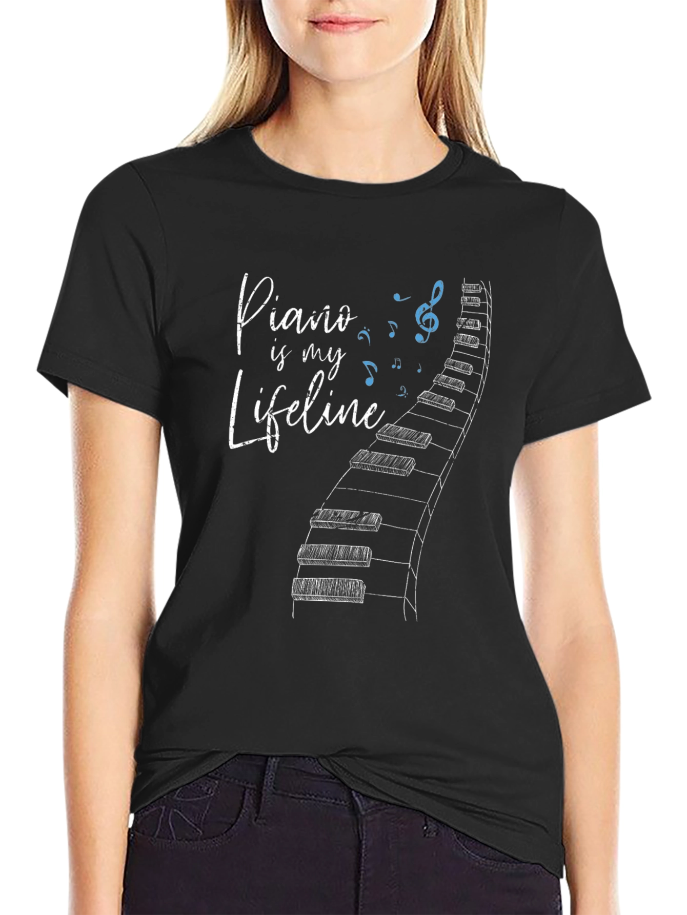 Piano is My Lifeline Black Graphic Tee