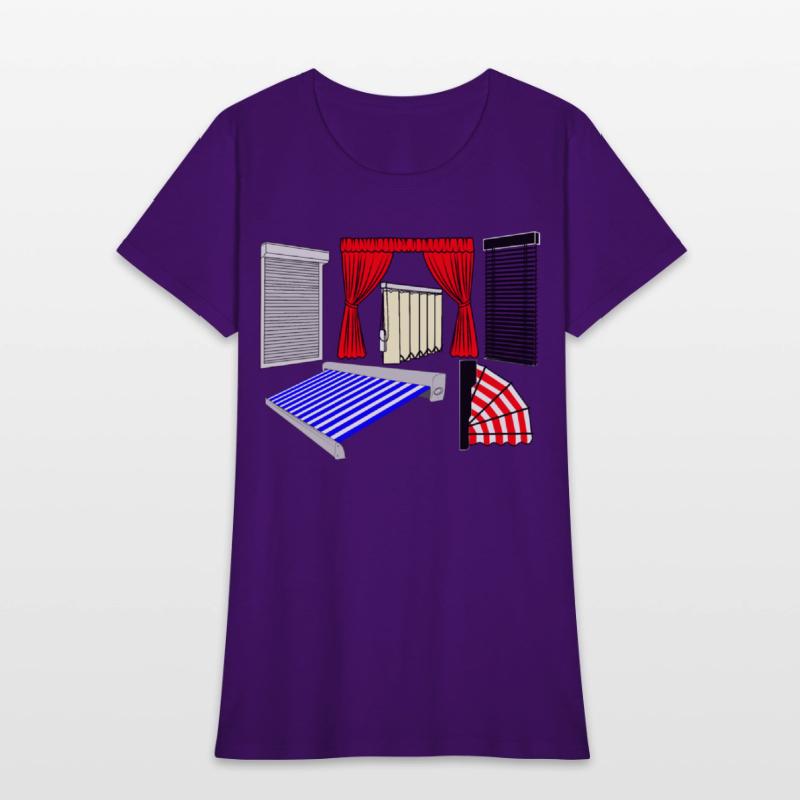 Blinds curtains red, canopies blue white striped,