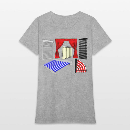 Blinds curtains red, canopies blue white striped,