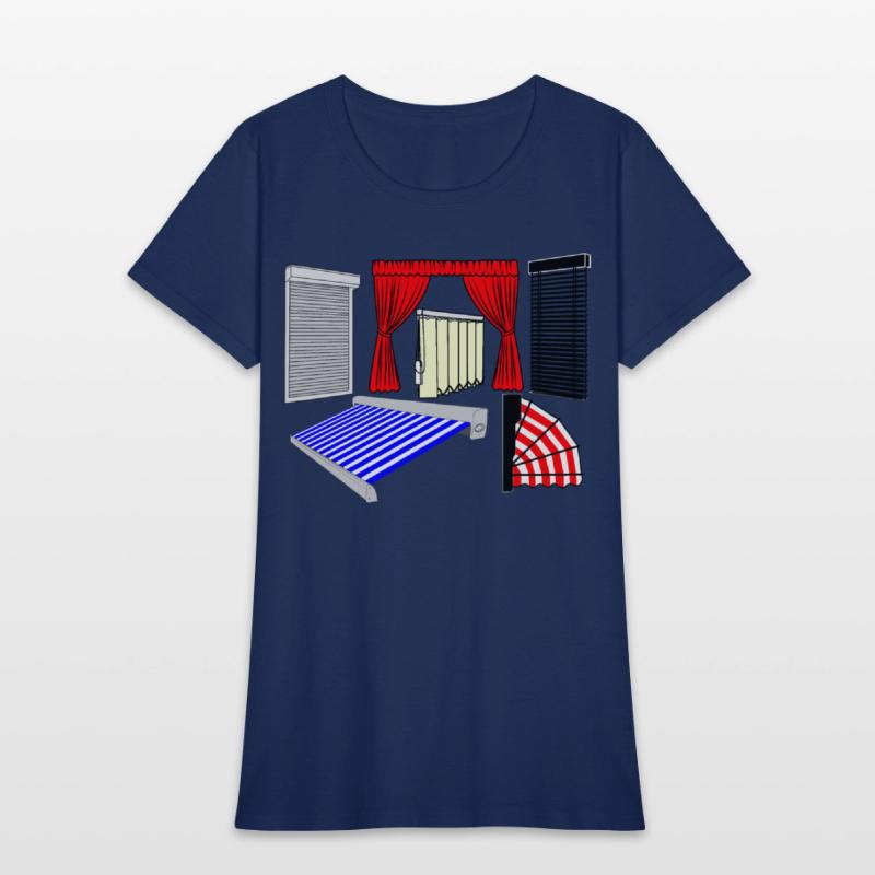 Blinds curtains red, canopies blue white striped,