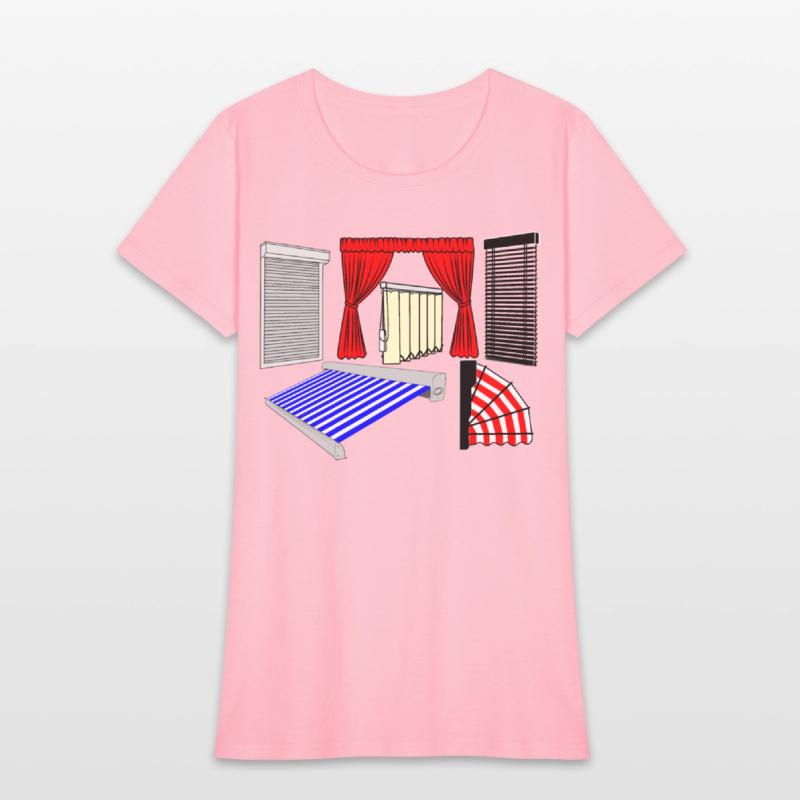 Blinds curtains red, canopies blue white striped,