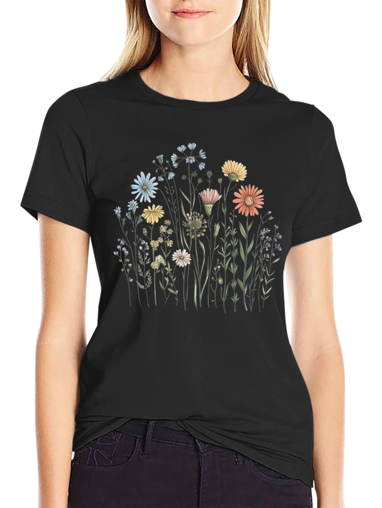 Floral Graphic Tee - Black Cotton T-Shirt