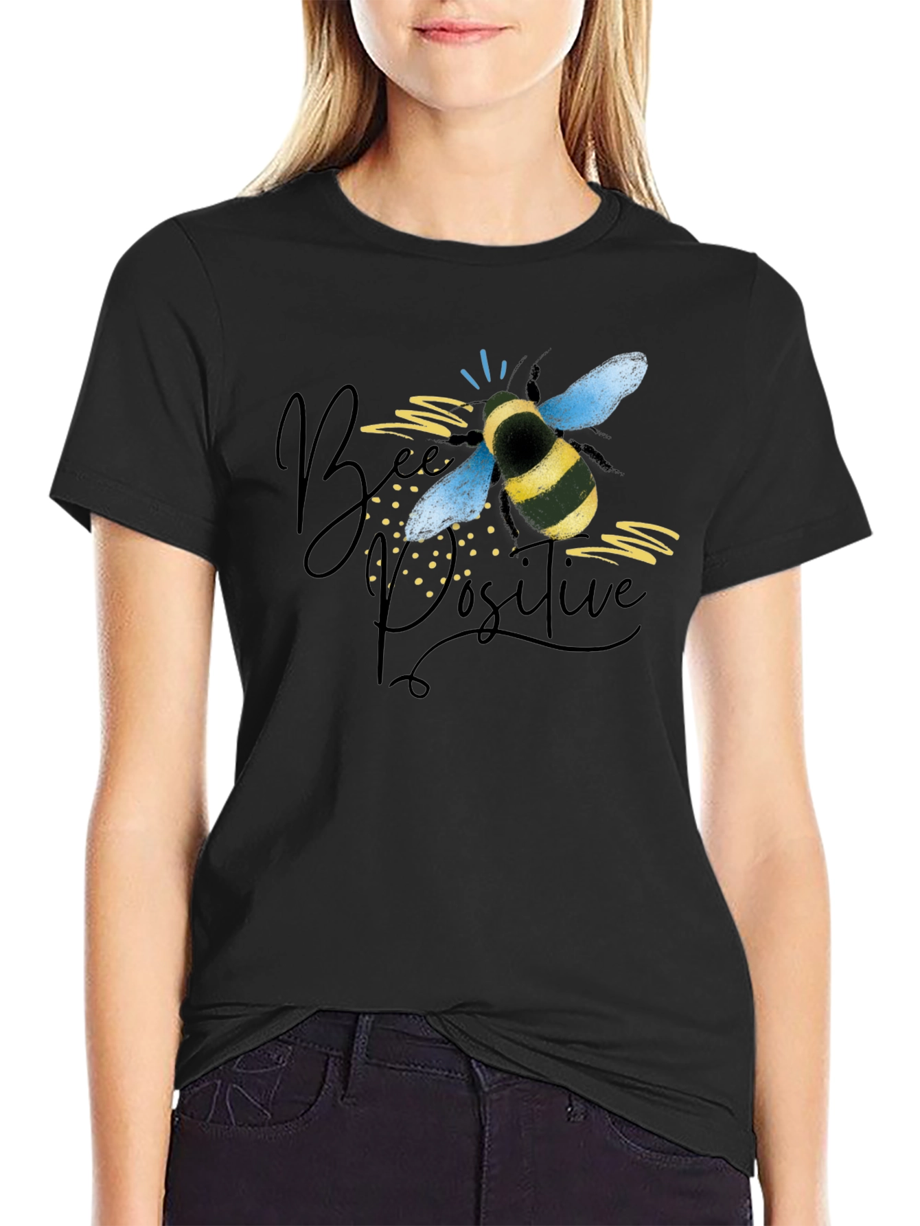 Bee Positive Graphic Tee - Black Cotton T-Shirt