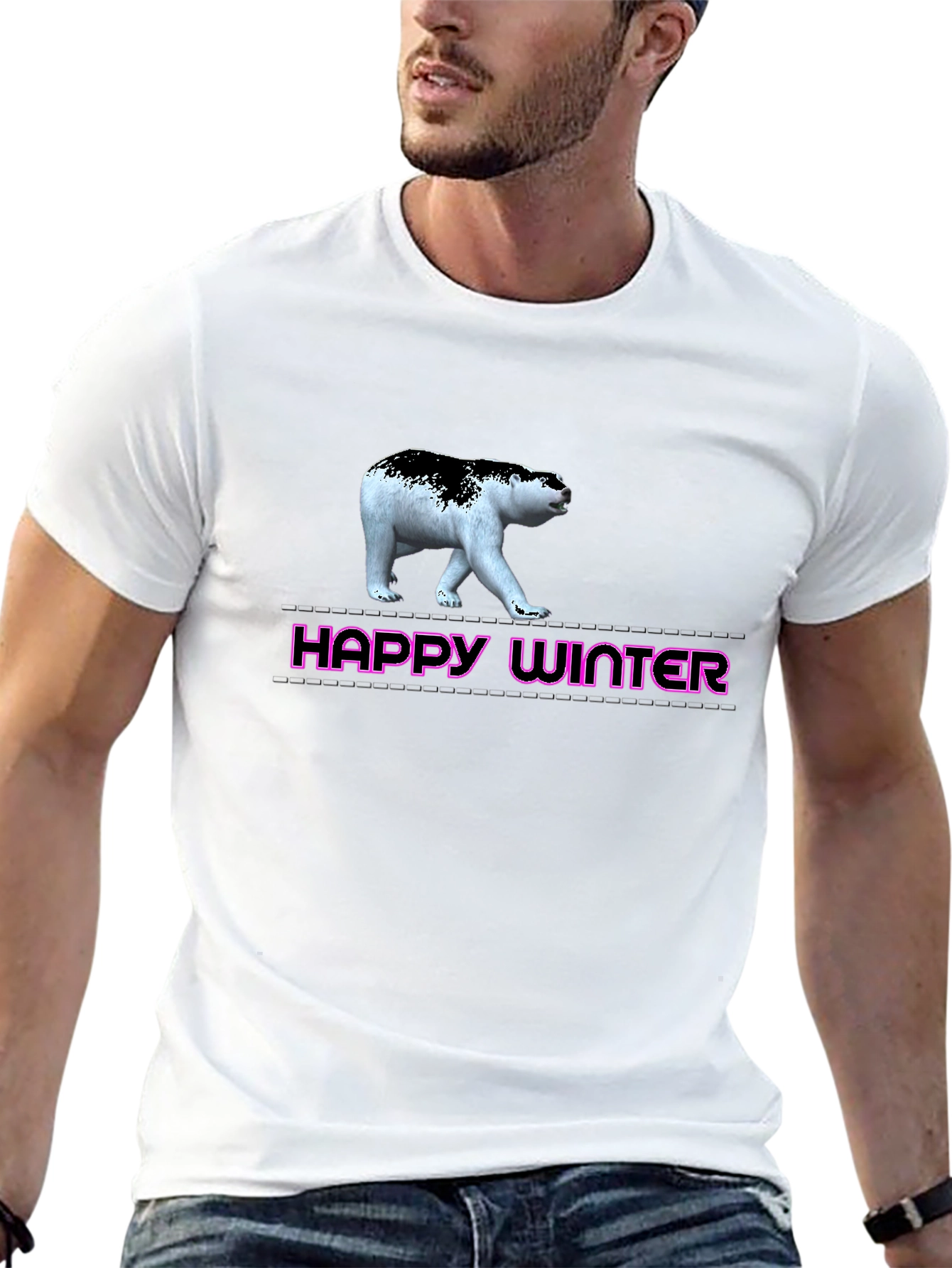 Happy Winter Bear Graphic Tee - Black Unisex