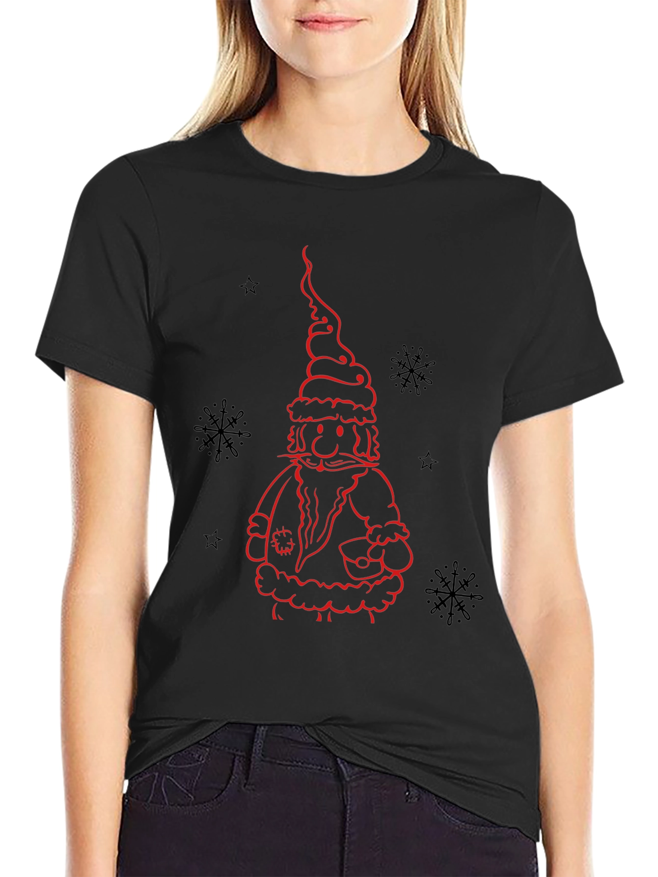 Santa Claus Outline Black T-Shirt