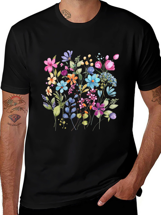 Floral Print Mens Black Tee