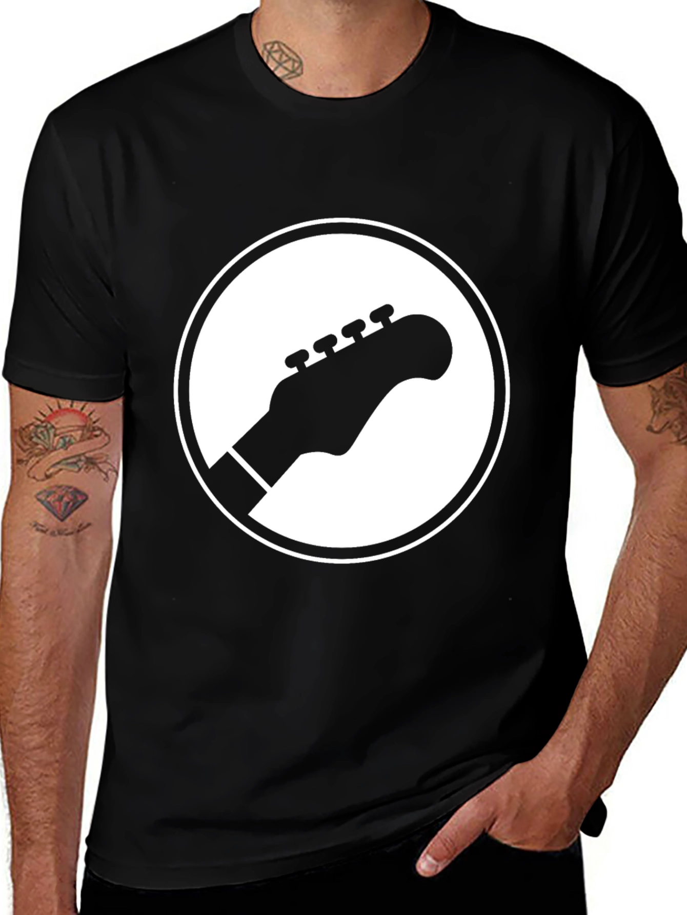 Guitar Headstock Graphic Tee - Black Cotton Casual Shirt