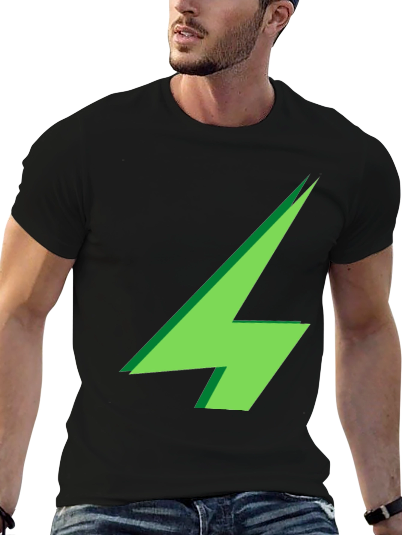 Green Lightning Bolt Graphic Black T-Shirt