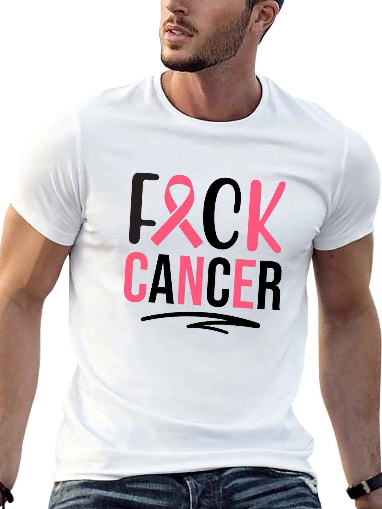 Unisex Black T-Shirt - F Cancer Pink Ribbon Graphic