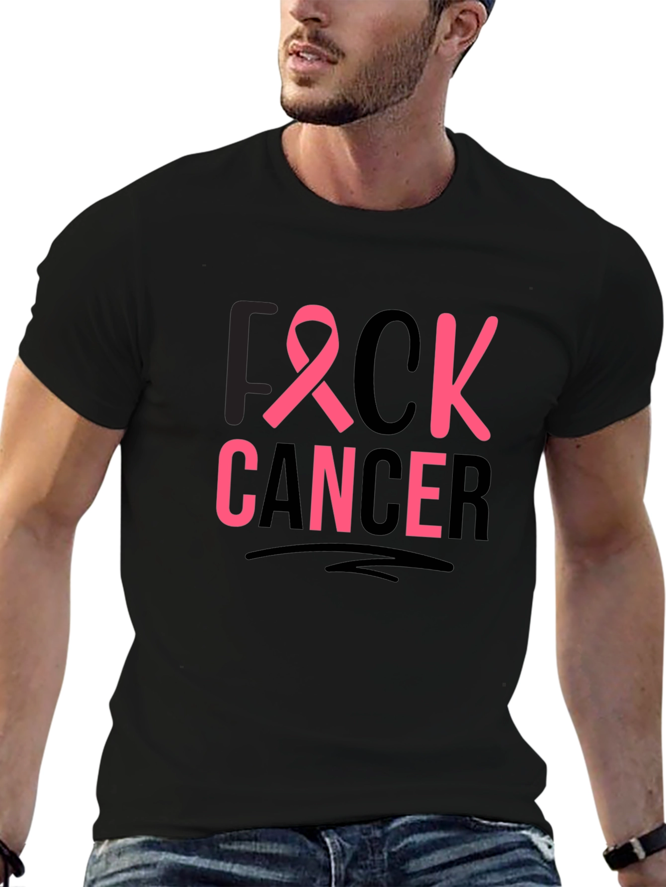 Unisex Black T-Shirt - F Cancer Pink Ribbon Graphic