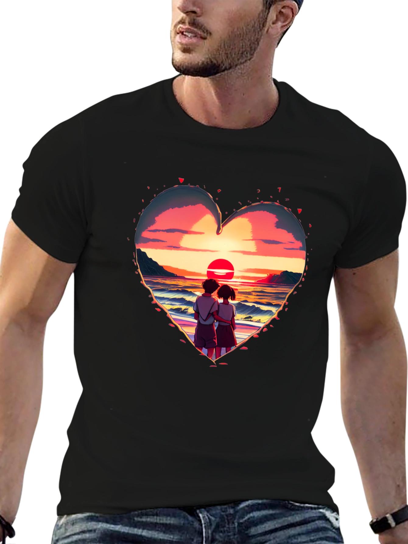Sunset Lovers Heart Graphic Tee - Romantic Style