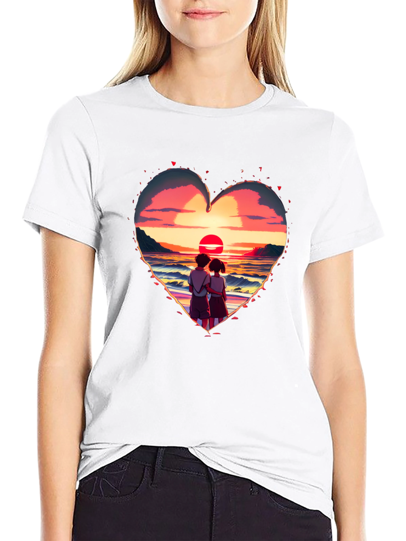 Sunset Lovers Heart Graphic Tee - Romantic Style