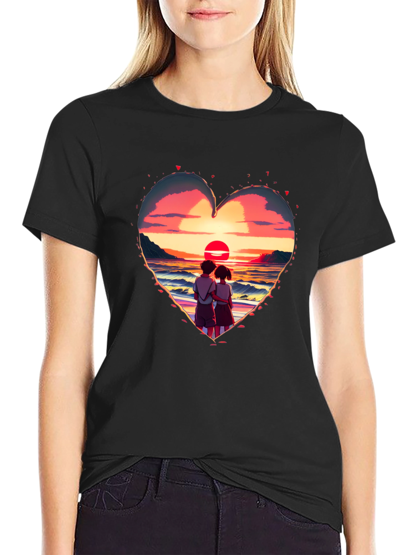 Sunset Lovers Heart Graphic Tee - Romantic Style