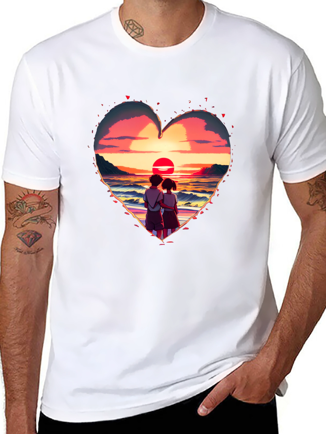 Sunset Lovers Heart Graphic Tee - Romantic Style