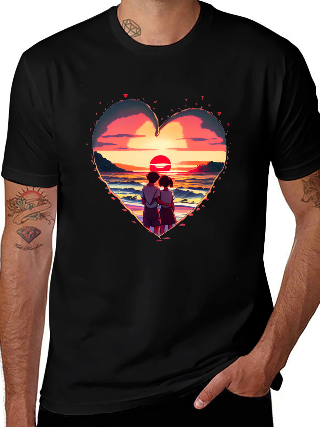 Sunset Lovers Heart Graphic Tee - Romantic Style