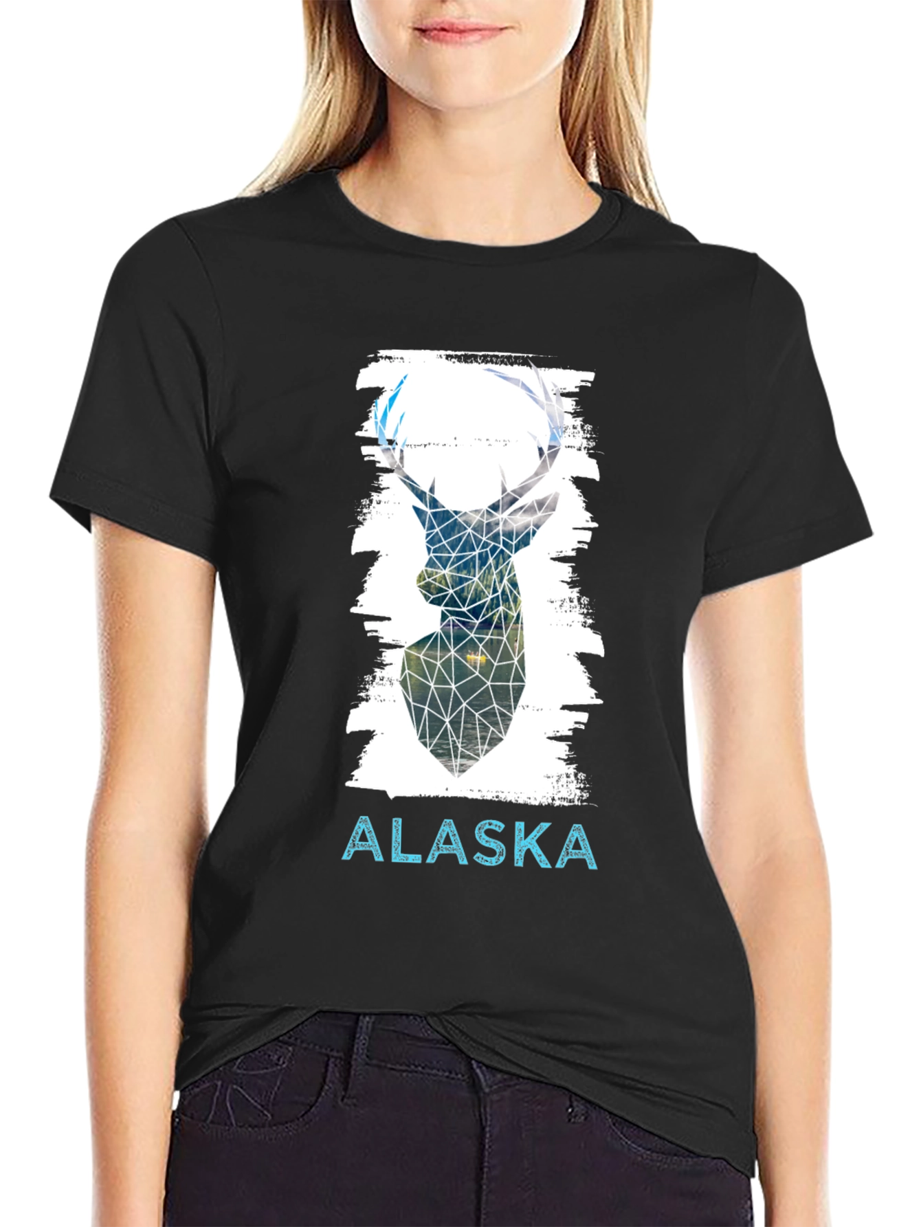 Geometric Deer Alaska Graphic Tee - Black