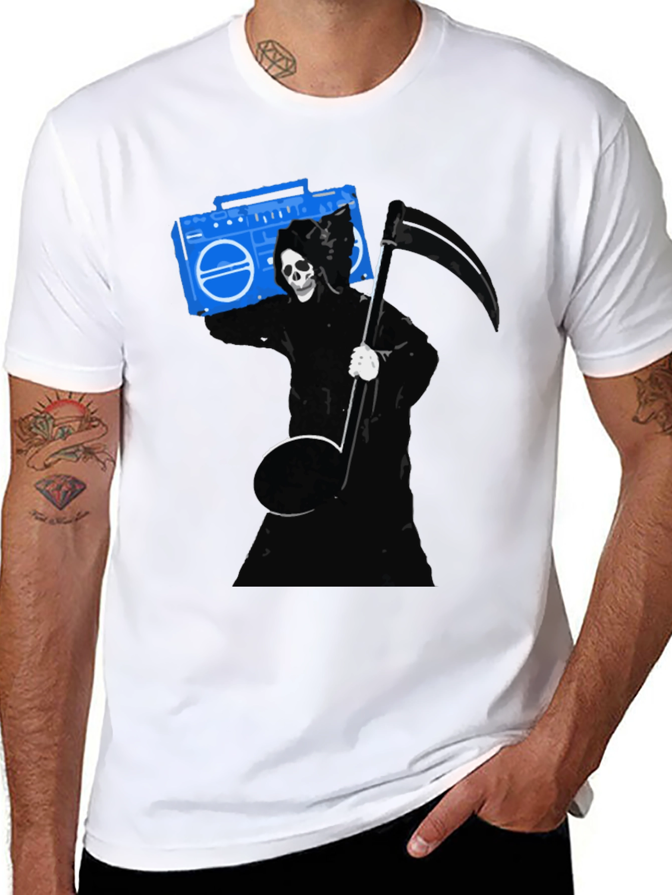 Grim Reaper Boombox Graphic Tee - Black Cotton