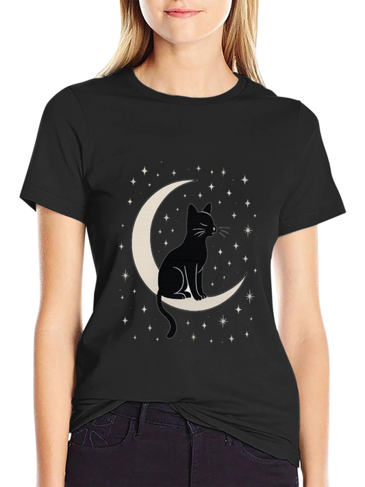 Black Cat Moon Graphic Tee - Mens Stylish Crew Neck T-Shirt