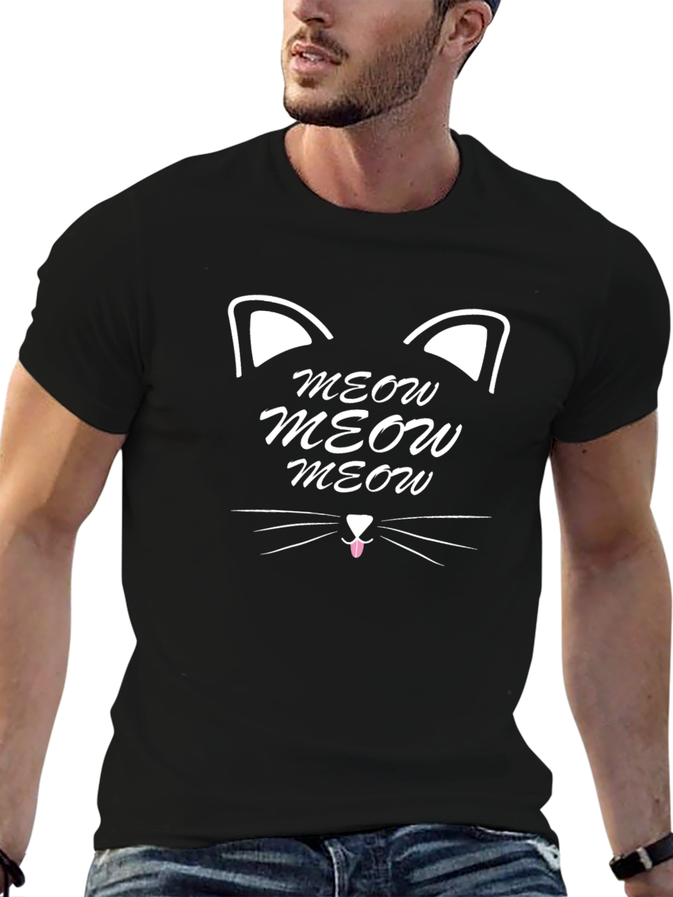 Meow Cat Graphic Print Black T-Shirt