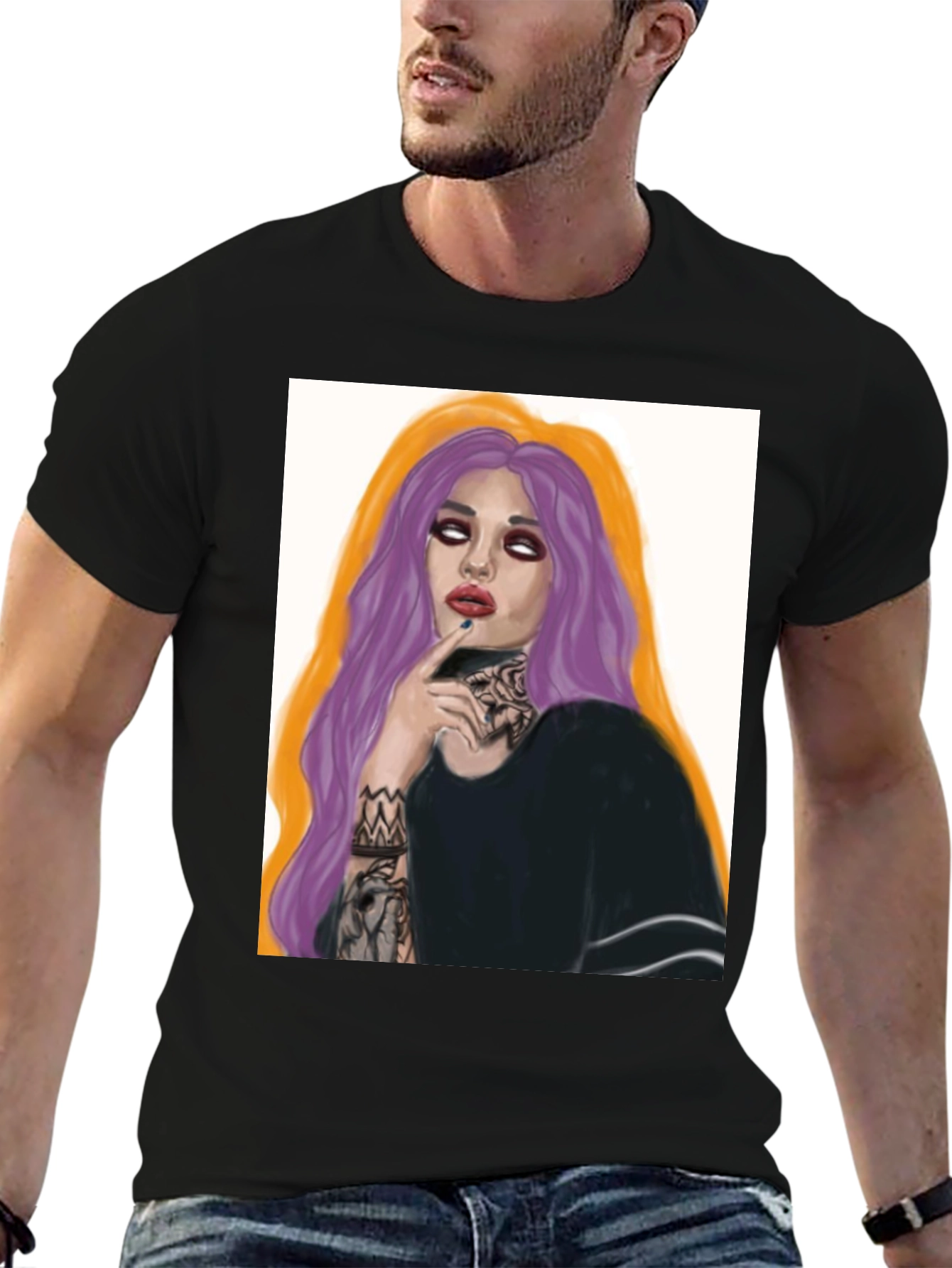 Edgy Tattoo Girl Graphic Tee - Black Cotton T-Shirt