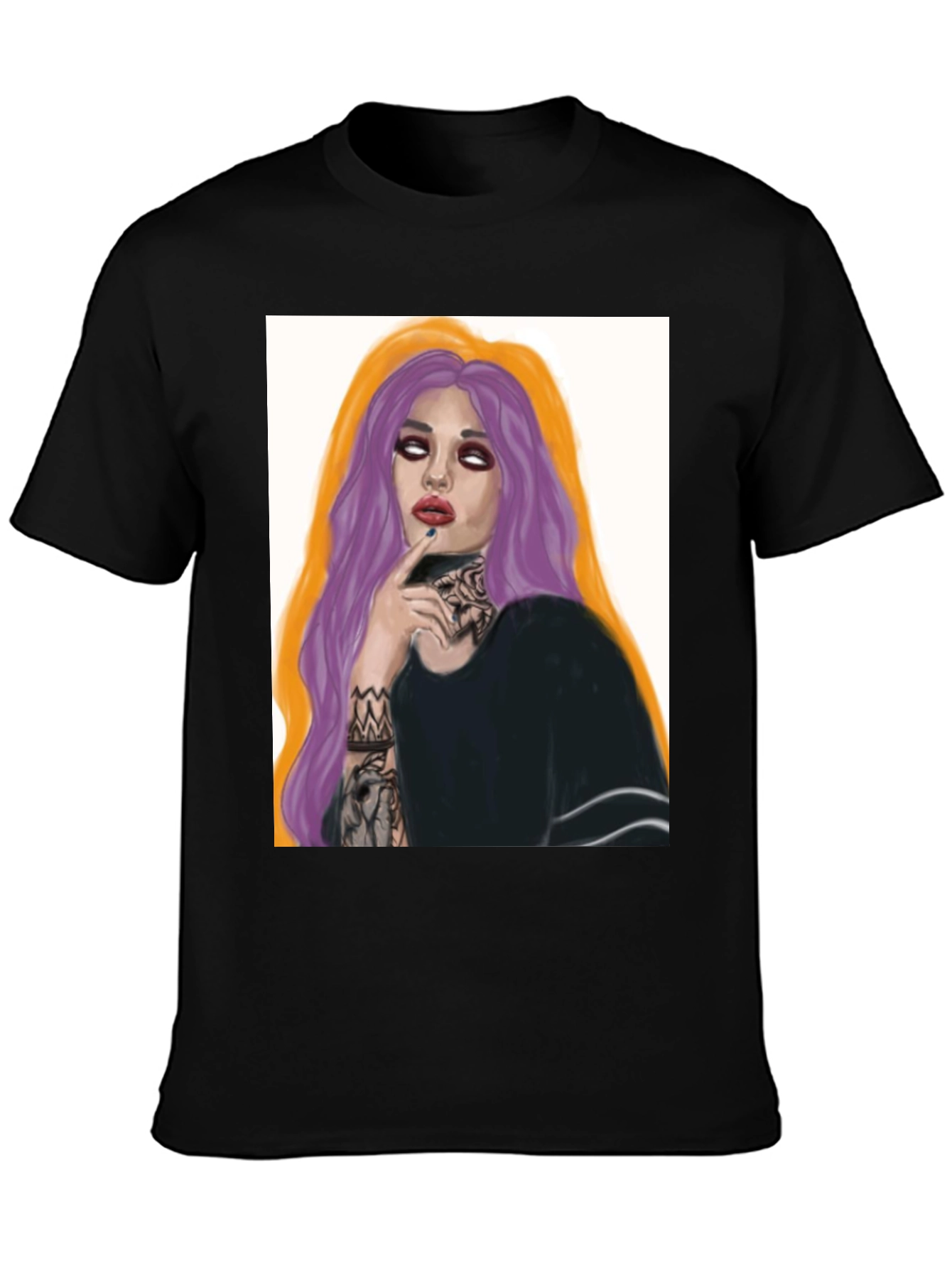 Edgy Tattoo Girl Graphic Tee - Black Cotton T-Shirt