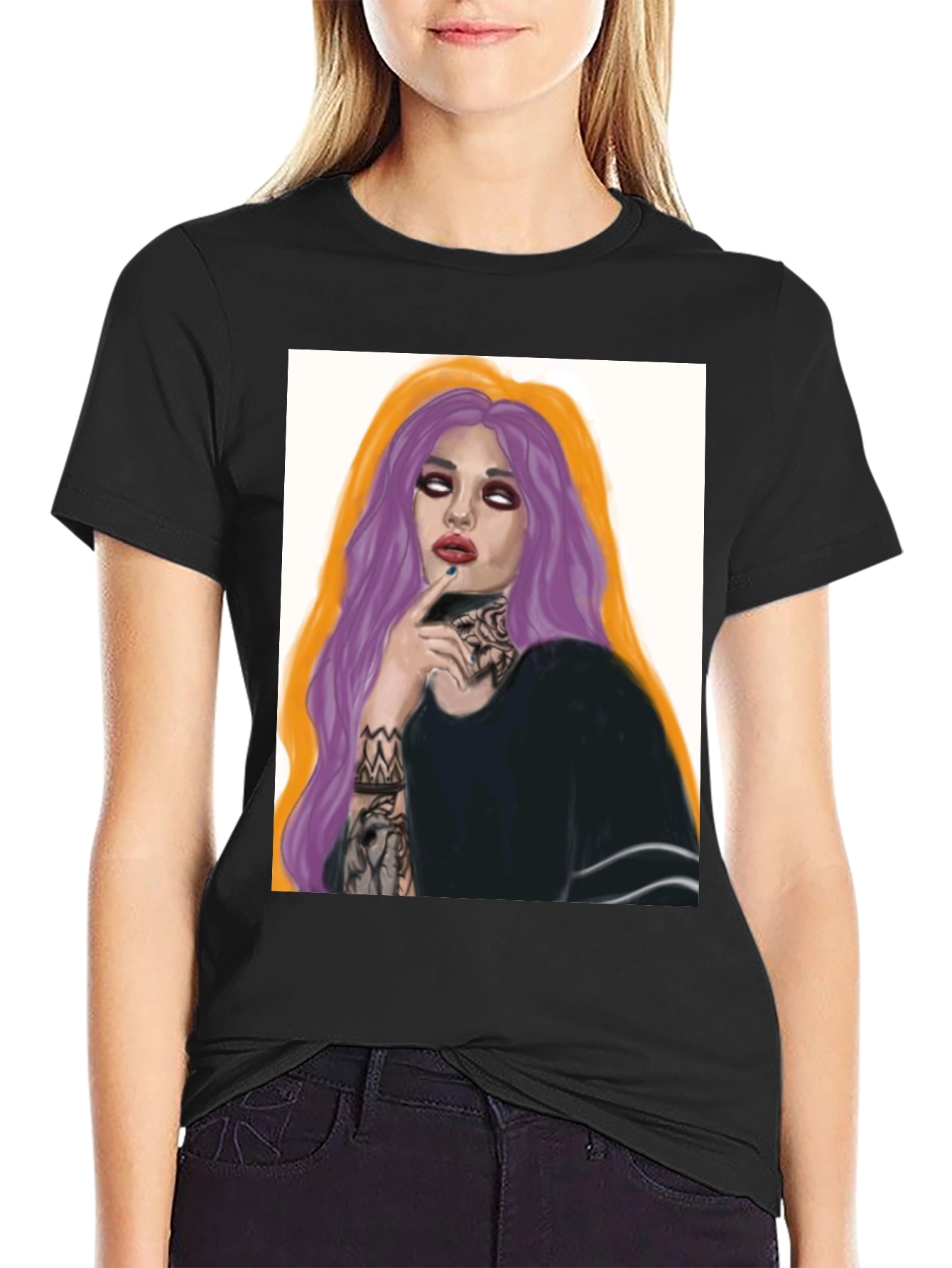 Edgy Tattoo Girl Graphic Tee - Black Cotton T-Shirt