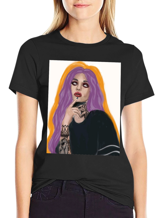 Edgy Tattoo Girl Graphic Tee - Black Cotton T-Shirt