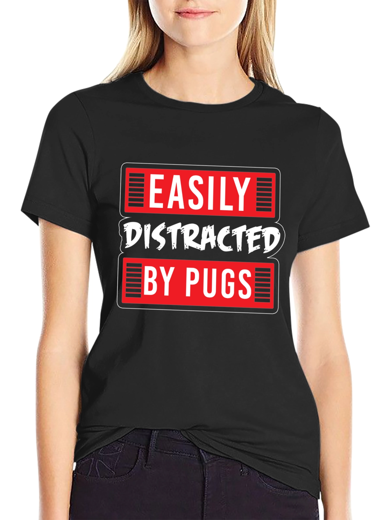 Easily Distracted by Pugs Black T-Shirt