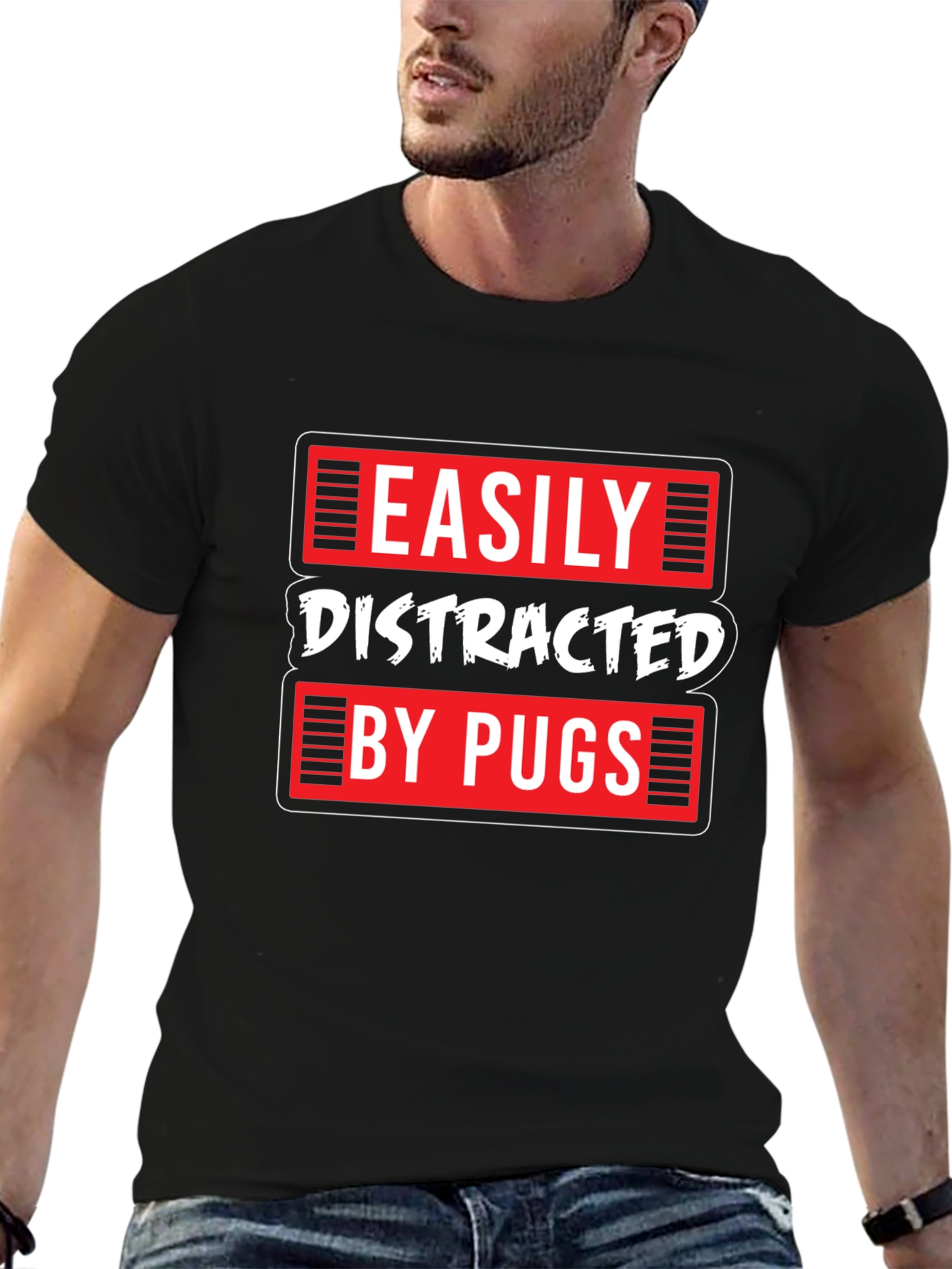 Easily Distracted by Pugs Black T-Shirt