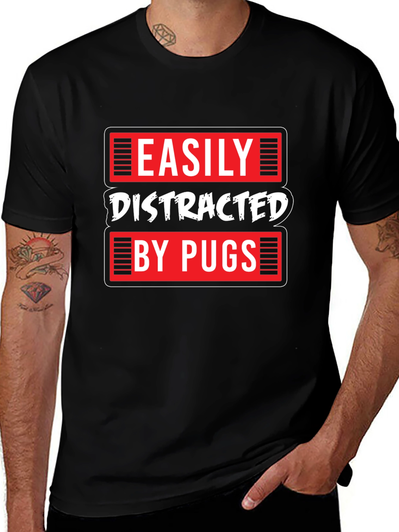 Easily Distracted by Pugs Black T-Shirt