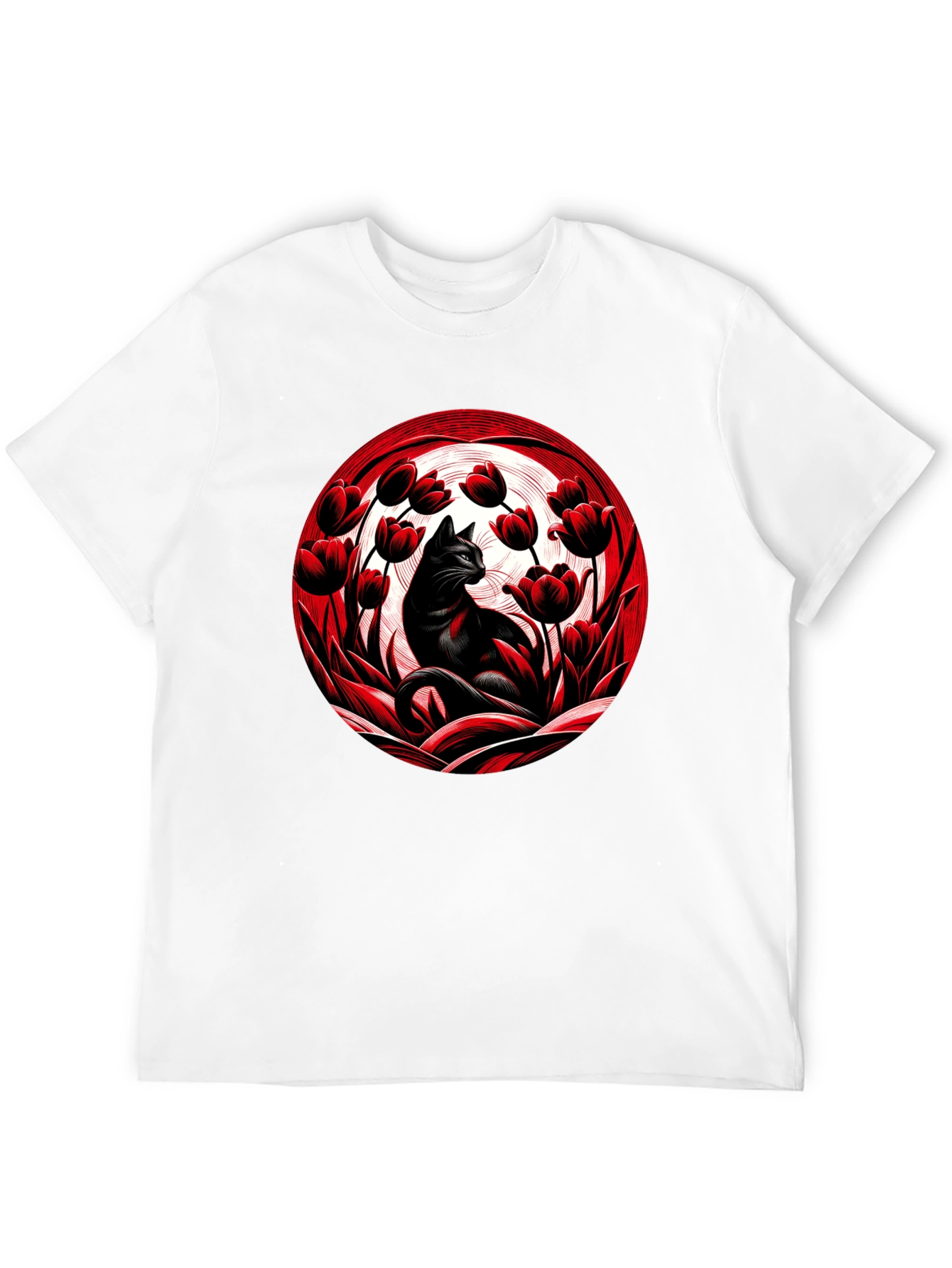 Black Cat in Red Tulips Graphic Tee