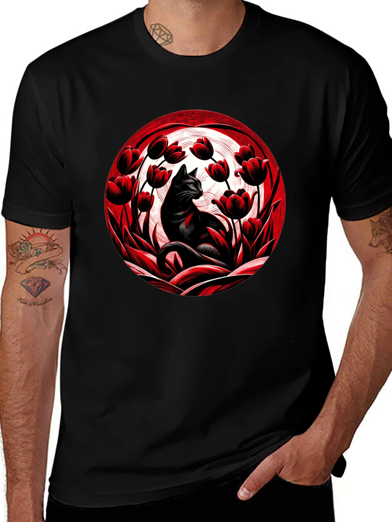 Black Cat in Red Tulips Graphic Tee
