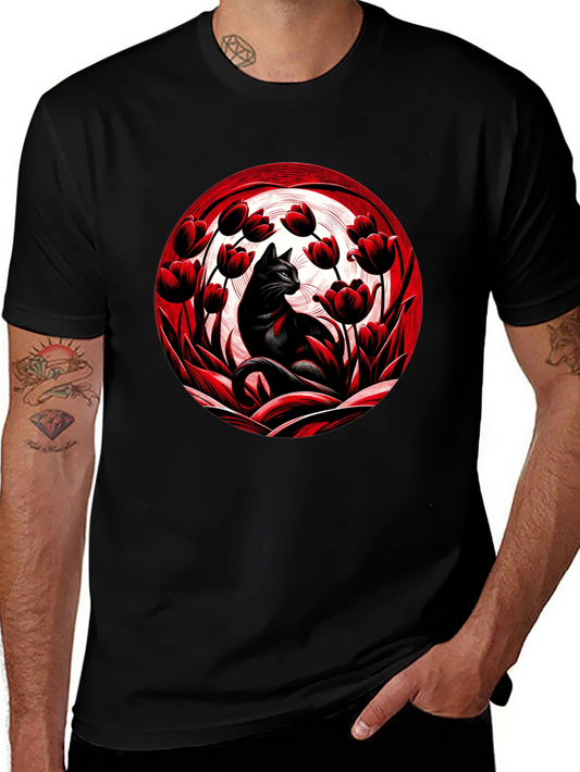 Black Cat in Red Tulips Graphic Tee