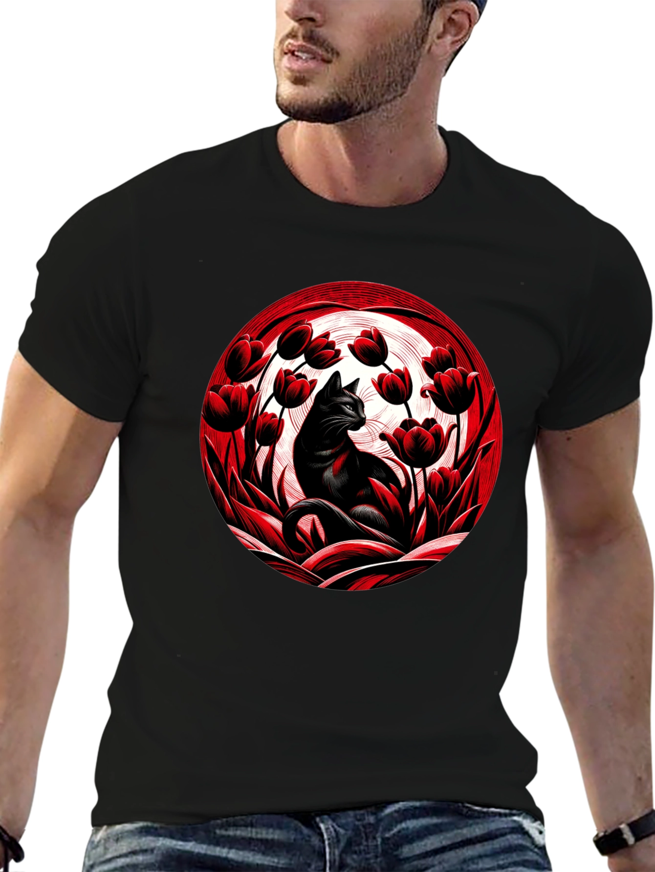 Black Cat in Red Tulips Graphic Tee