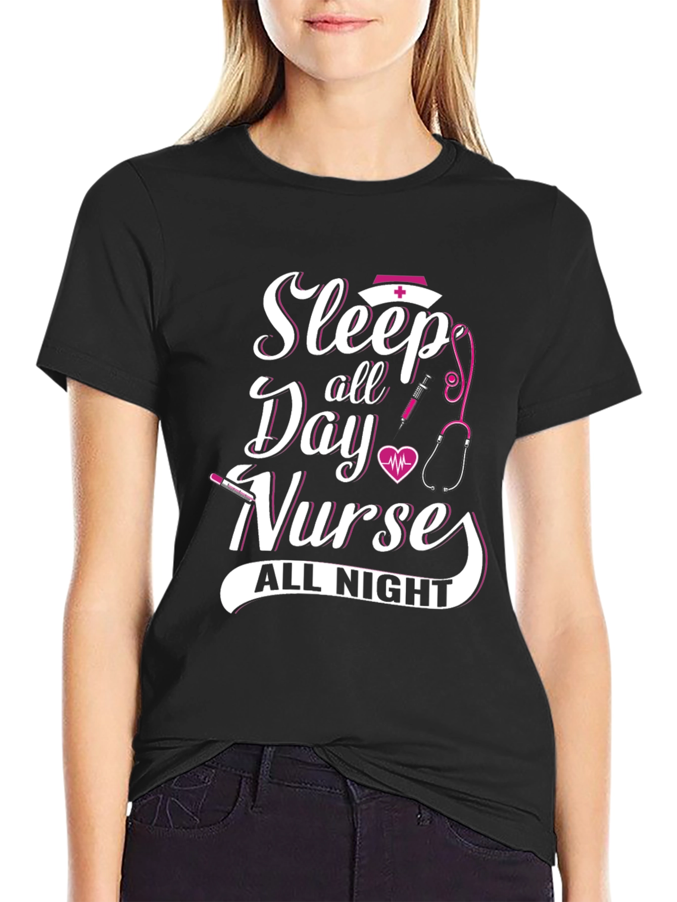 Sleep All Day Nurse All Night Black Graphic T-Shirt