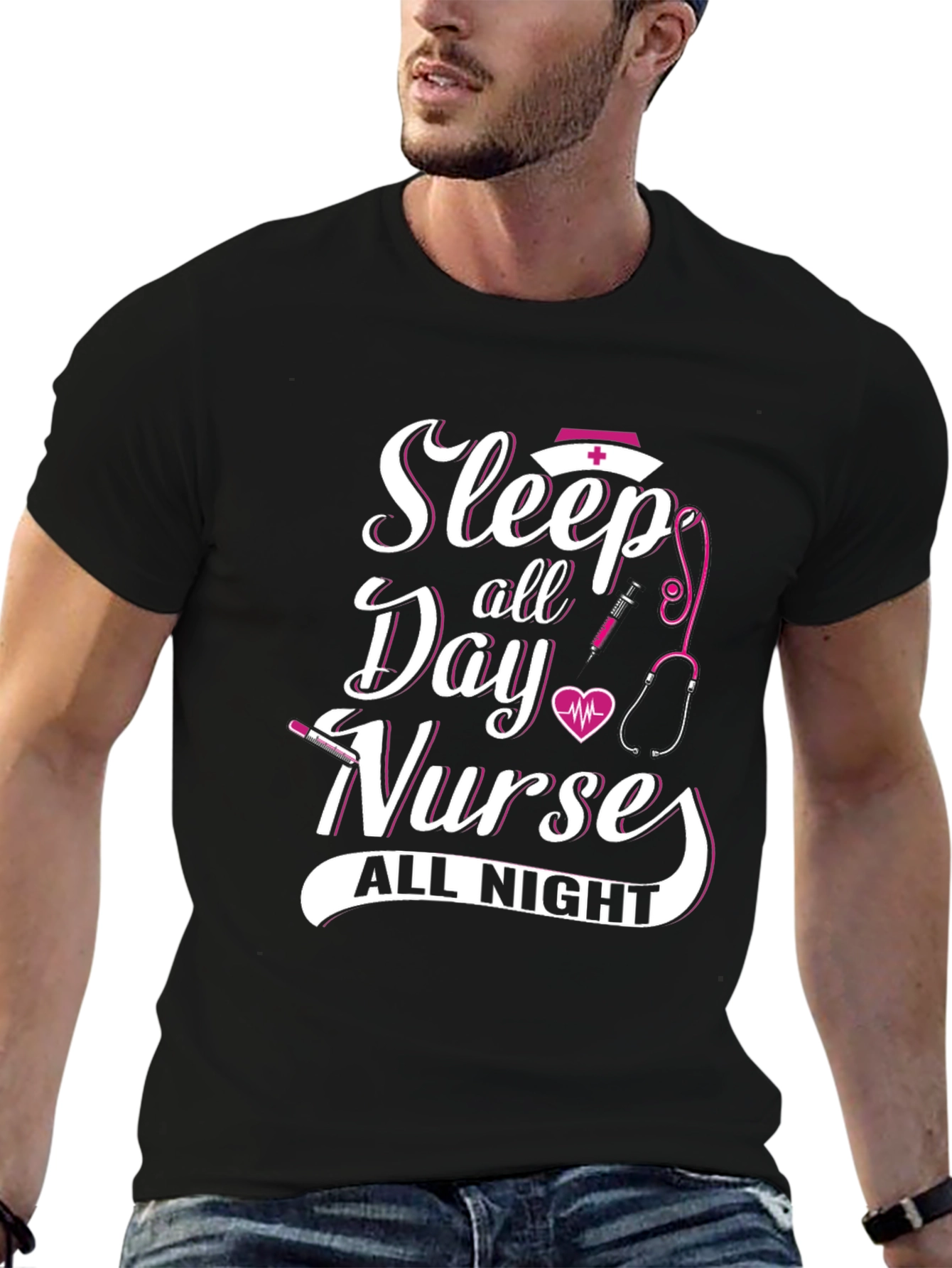 Sleep All Day Nurse All Night Black Graphic T-Shirt