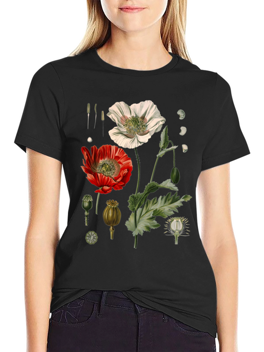 Botanical Poppy Print Black T-Shirt